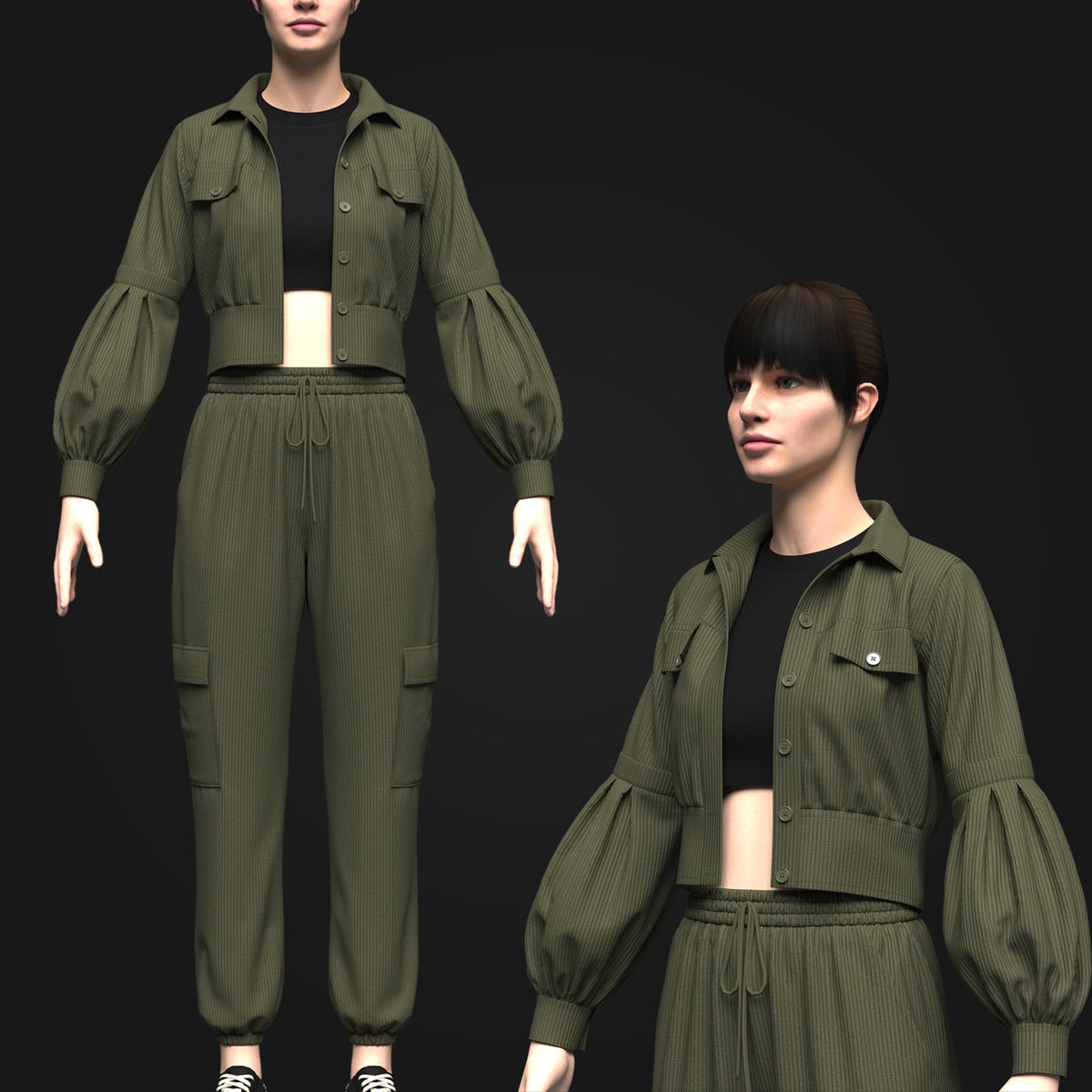 Women's Corduroy Cropped Jacket Outfit 3d Model Marvelous Designer-Clo3d-fbx-obj-Zprj