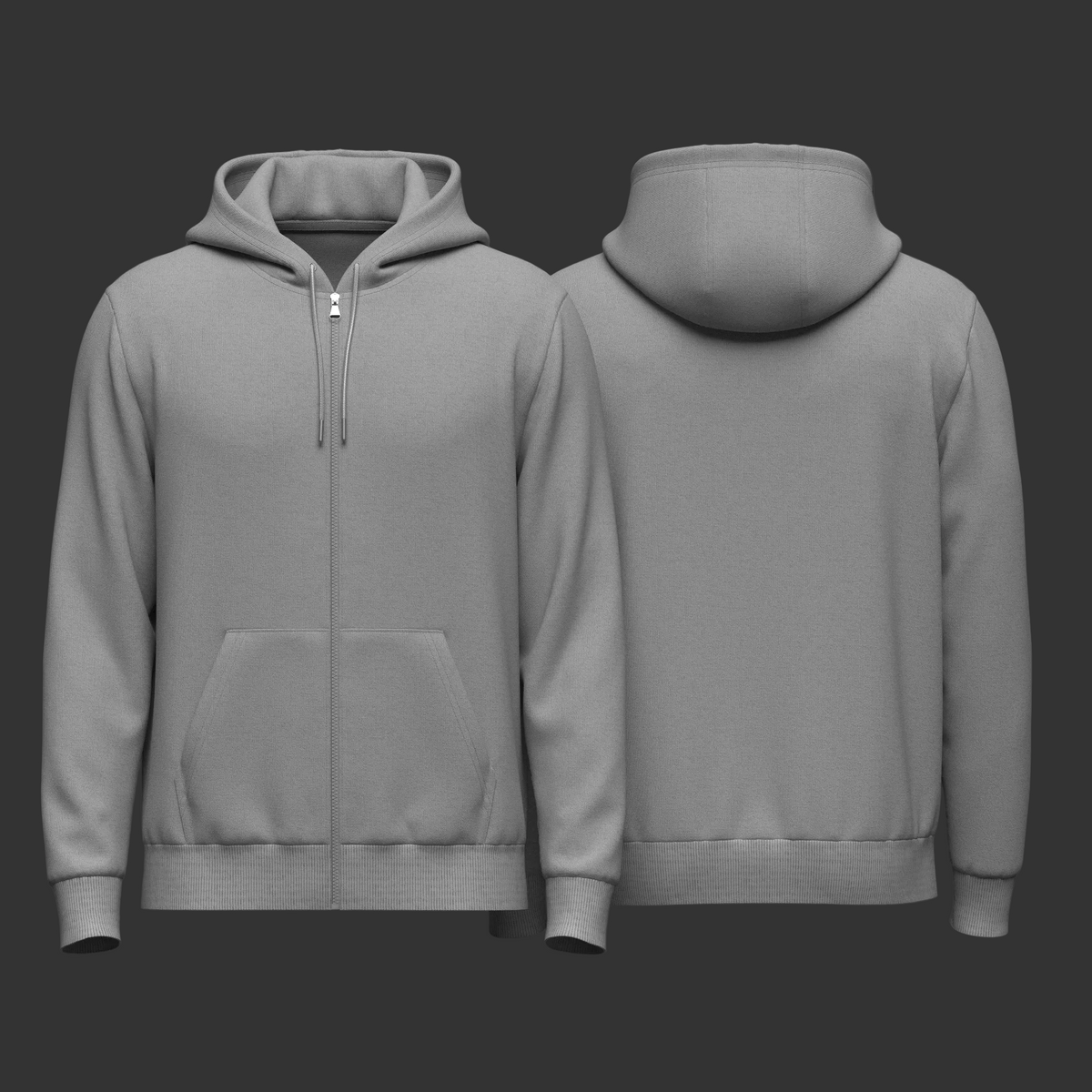 3D rendered men's front zip hoodie model in gray, front and back views