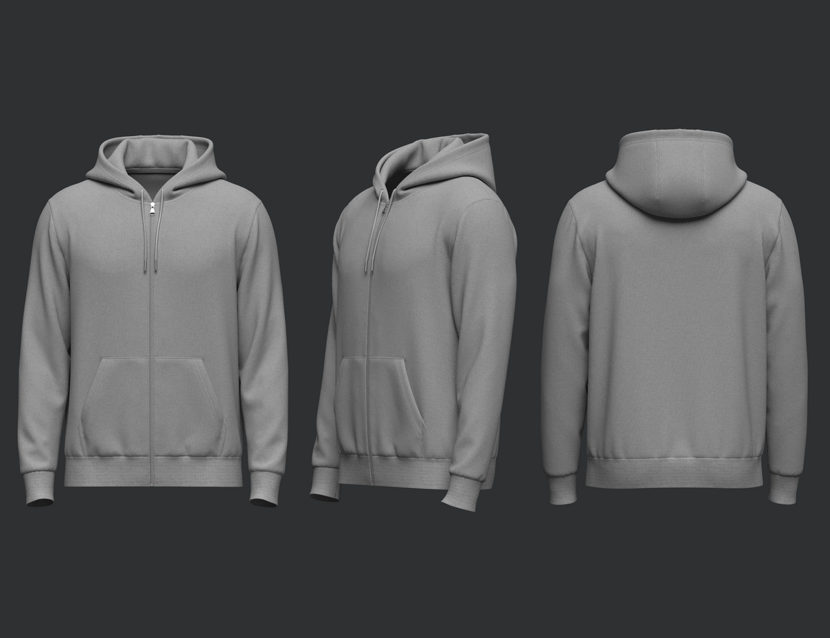 3D men's front zip hoodie model, front side and back views