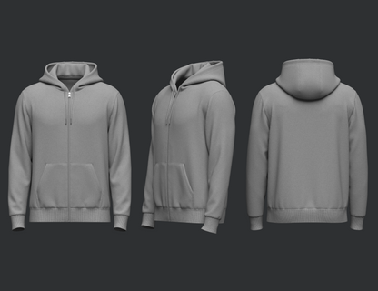 3D men's front zip hoodie model, front side and back views